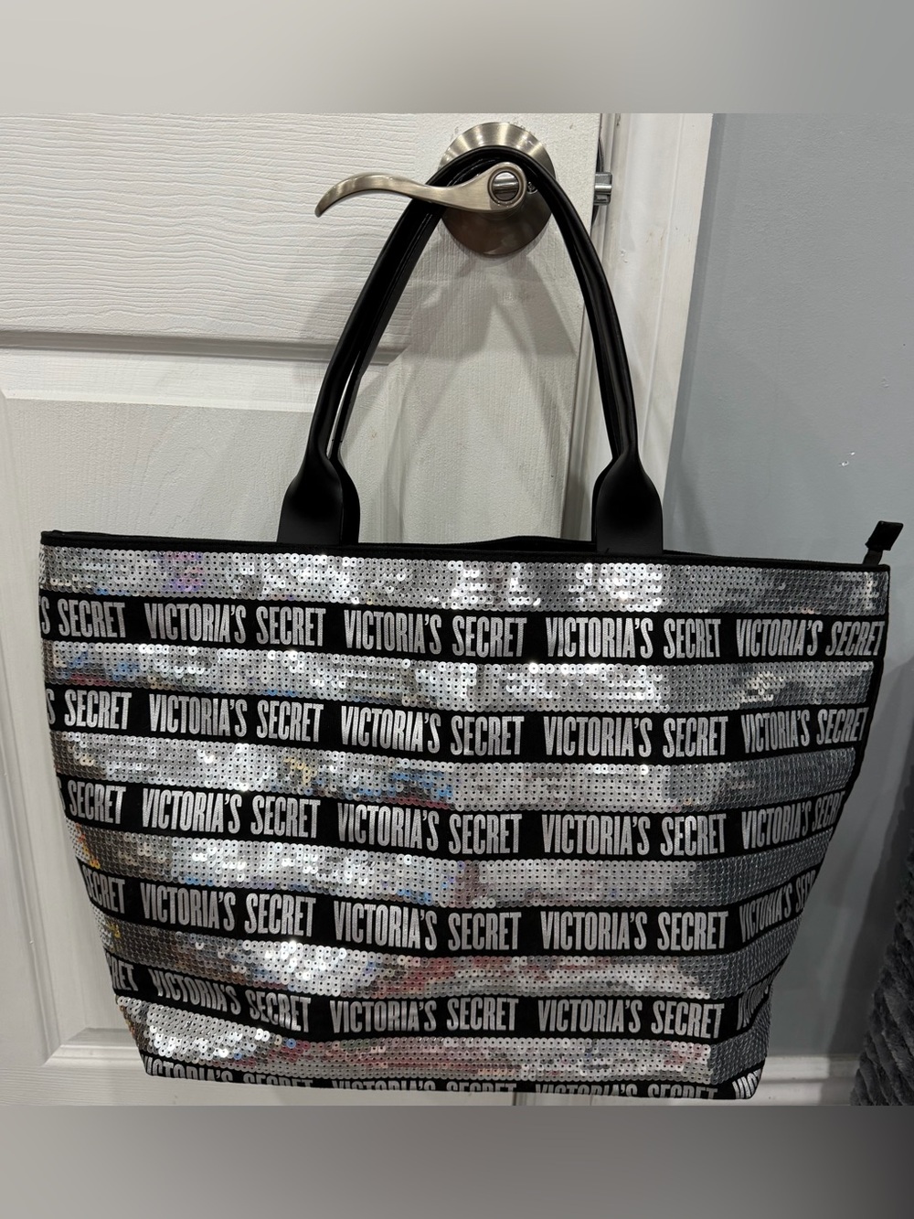 Victoria's Secret Black and Silver Sequin Logo Tote